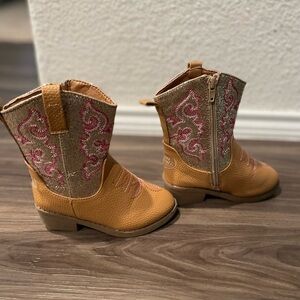 Pawz Kids Tan and Pink glitter Western Boots size 9C
